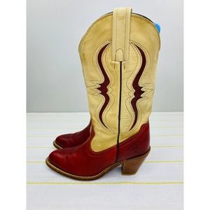 Vintage Frye Tan and Red Leather Lizard Boots Womens 7 Western Rodeo Festival